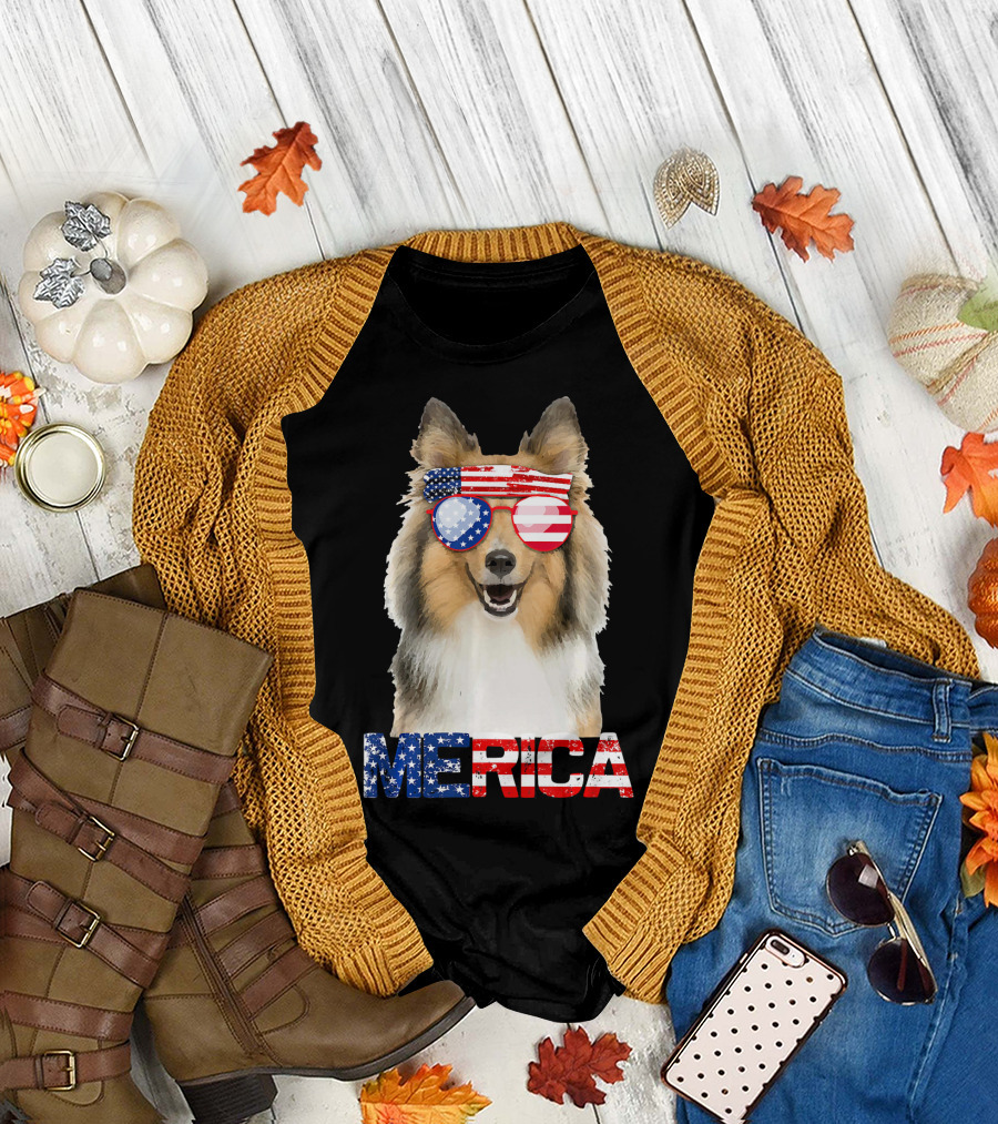 MERICA Sheltie Dog American Flag Sunglasses T-Shirt