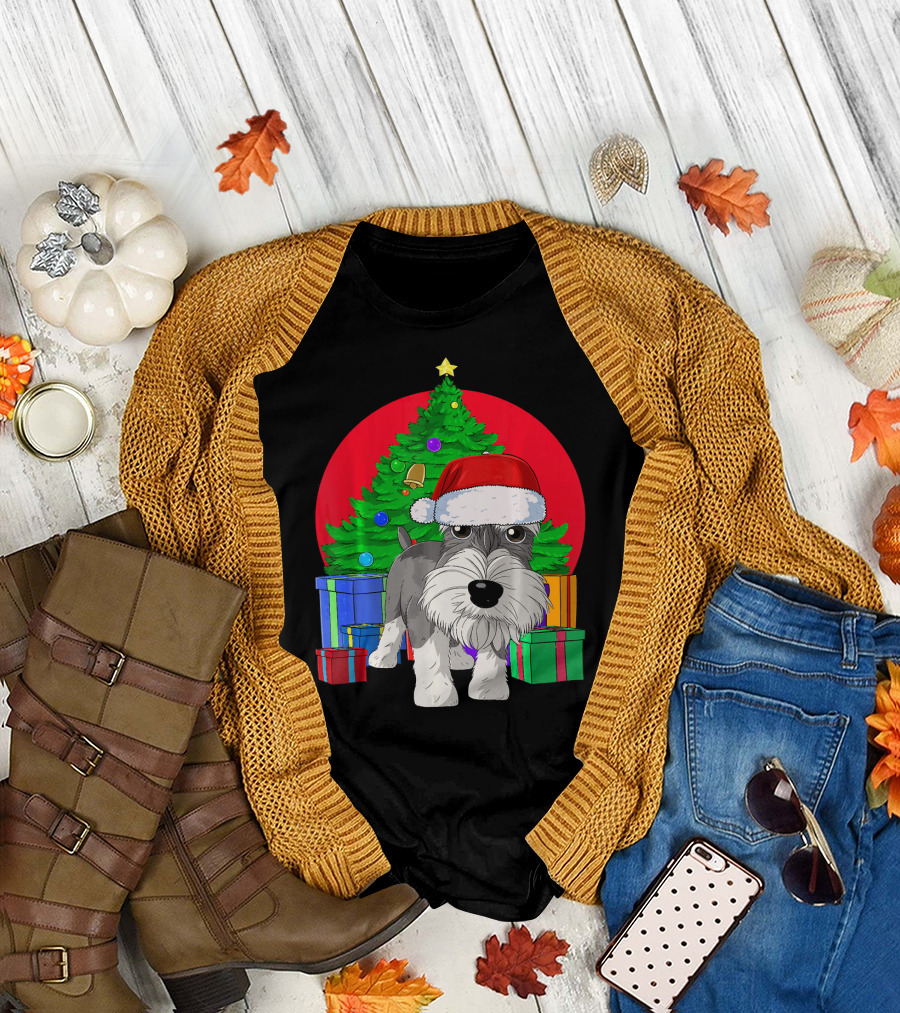 Merry Christmas Schnauzer Santa Hat Christmas Tree Presents T-Shirt