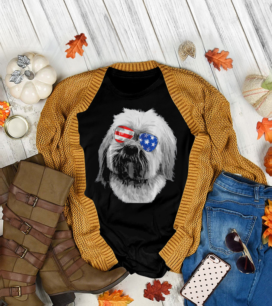 Vintage Lhasa Apso Dog with American Flag Sunglasses USA T-Shirt