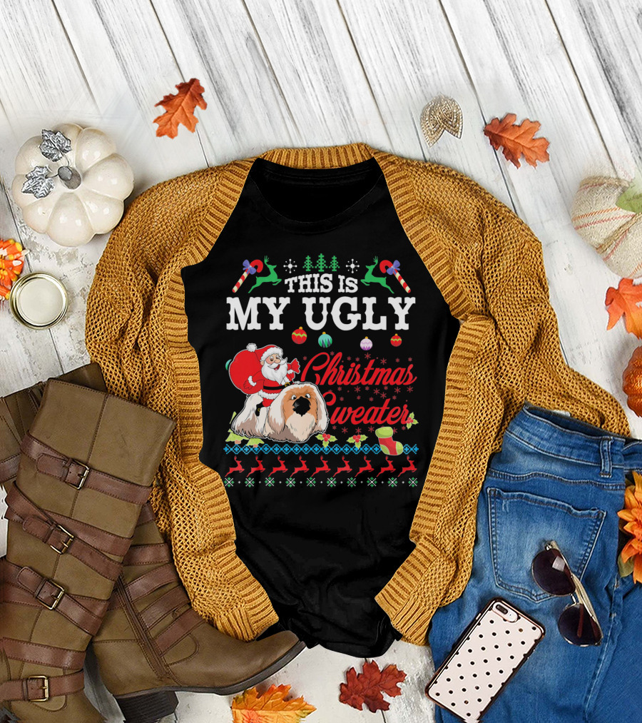 This Is My Ugly Christmas Sweater Santa Riding Pekingese Dog T-Shirt
