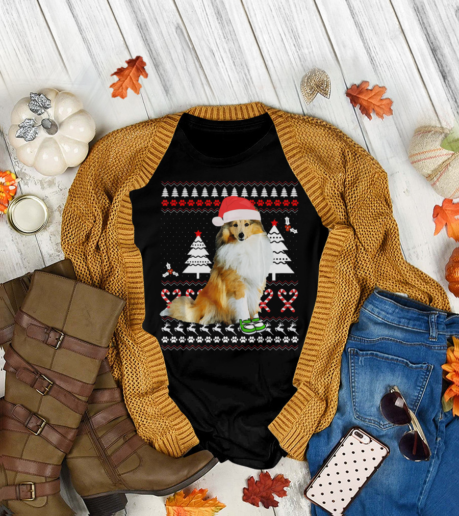 Sheltie Dog Christmas Ugly Sweater Santa Hat Holiday T-Shirt