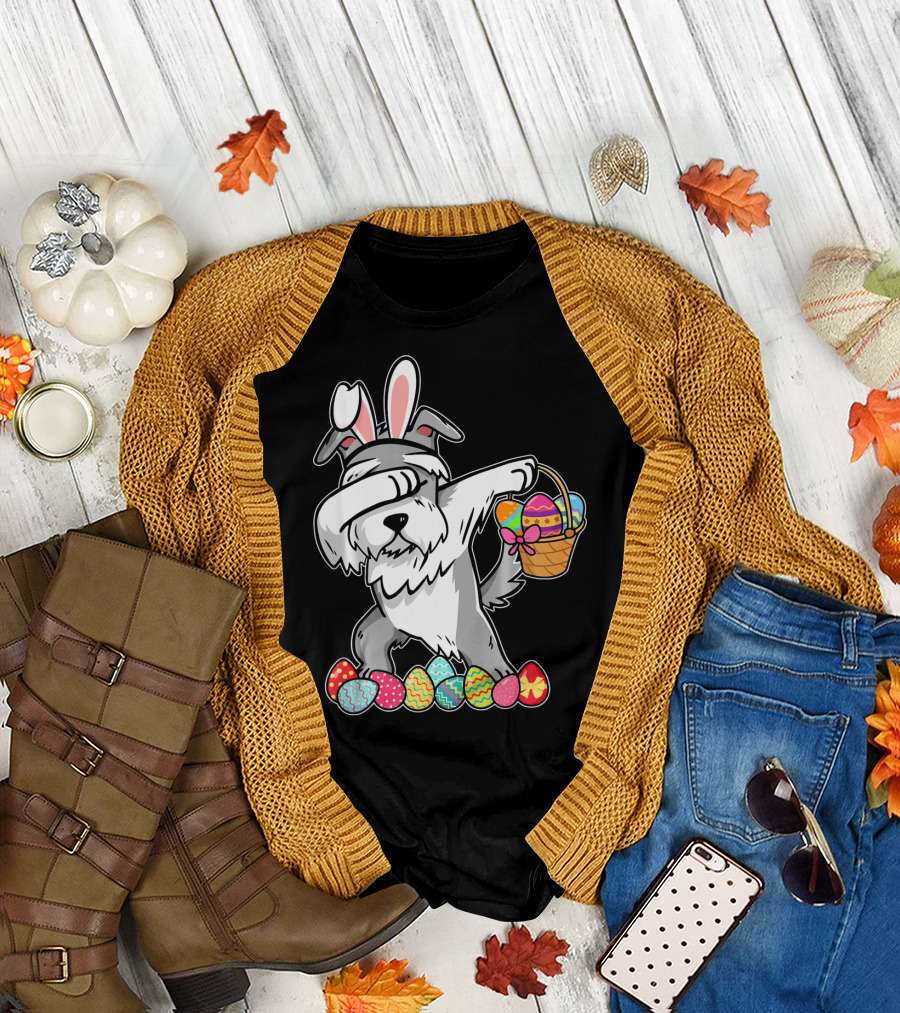 Miniature Schnauzer Dabbing with Easter Bunny Ears and Egg Basket T-Shirt