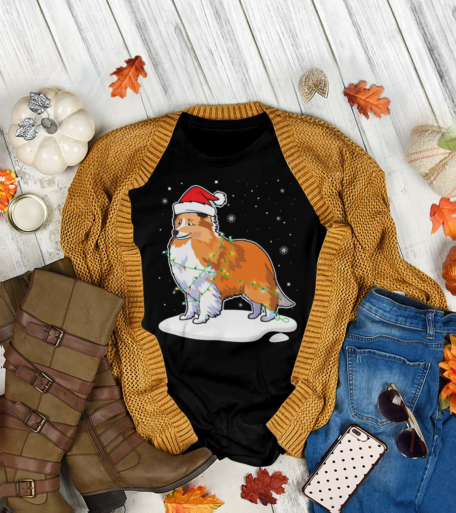Sheltie Dog Santa Wrapped in Christmas Lights on Snowy Night T-Shirt