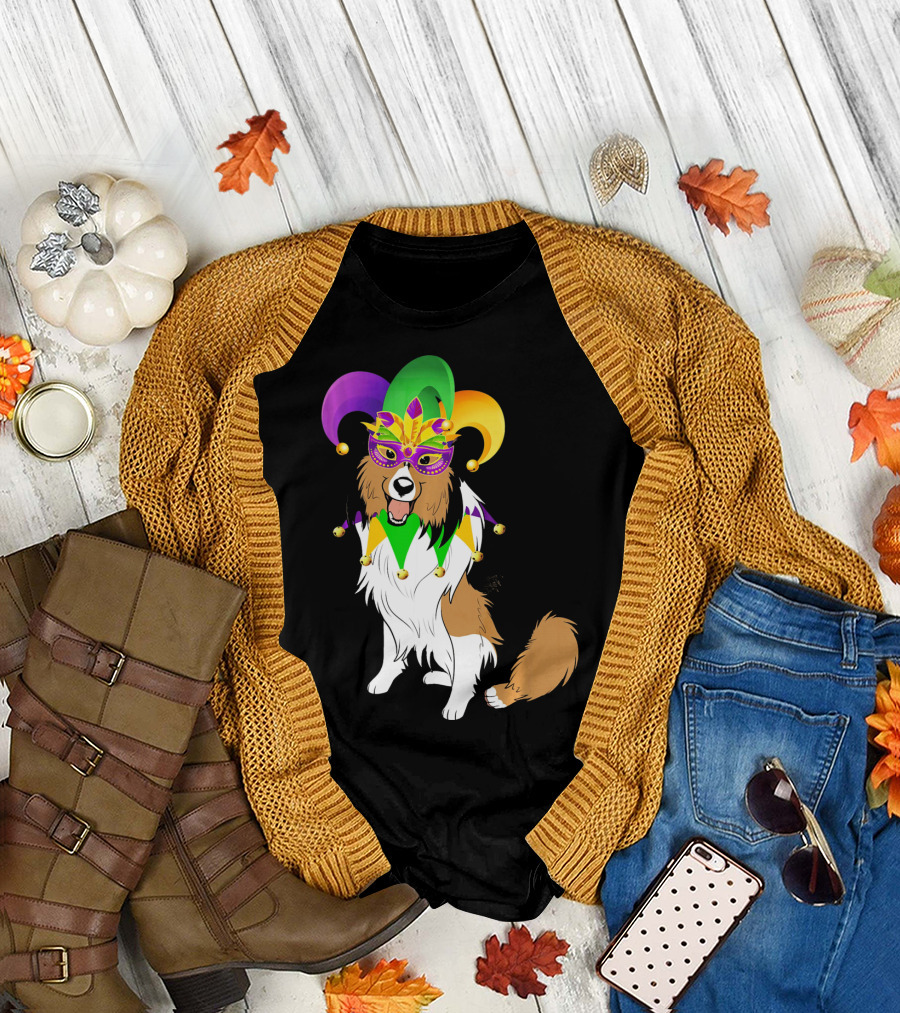 Shetland Sheepdog Wearing Mardi Gras Jester Mask and Hat T-Shirt