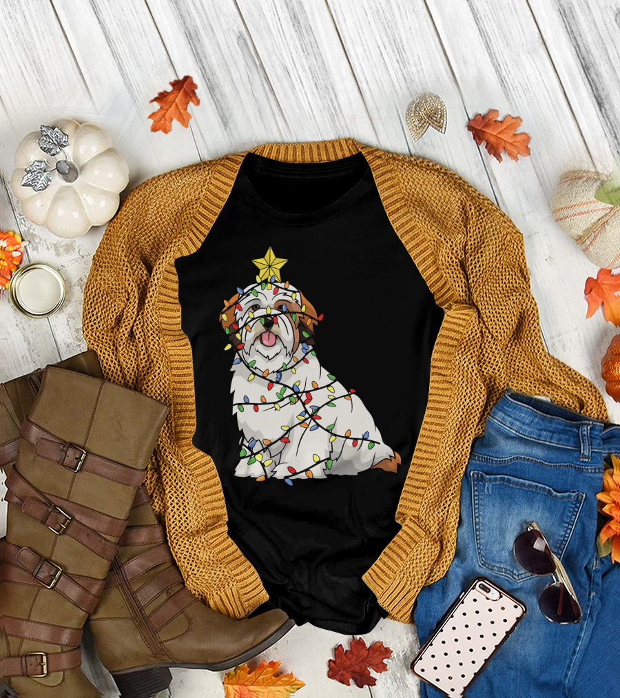 Xmas Tree Lhasa Apso Dog Lover Wrapped in Christmas Lights T-Shirt