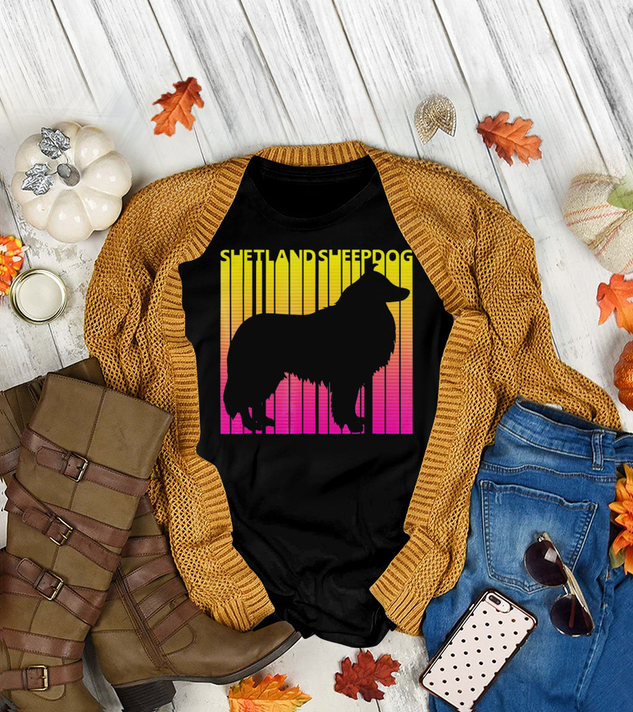 Shetland Sheepdog Silhouette with Retro Gradient Stripes T-Shirt