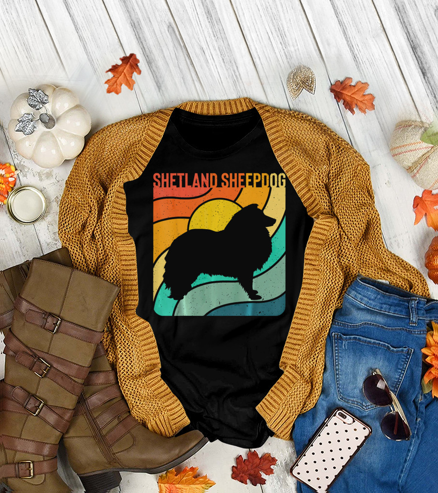 Shetland Sheepdog Silhouette Retro Sunset T-Shirt
