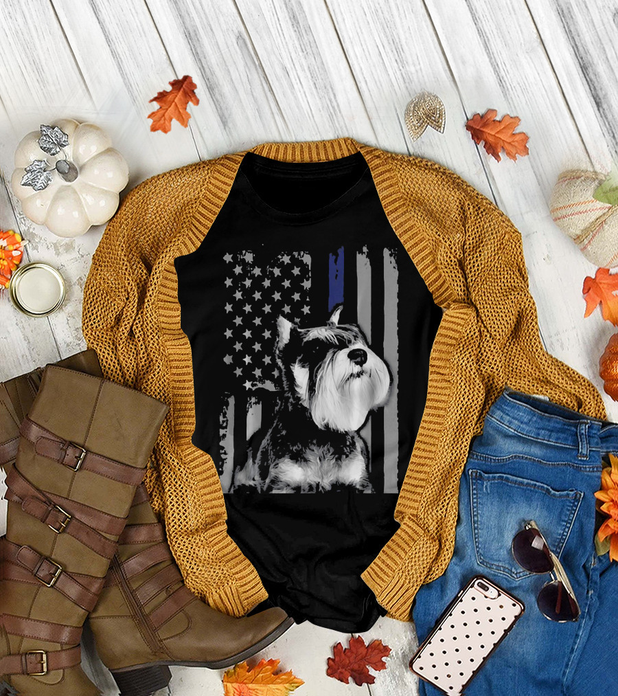 SCHNAUZER 02 American Flag Thin Blue Line Funny T-Shirt