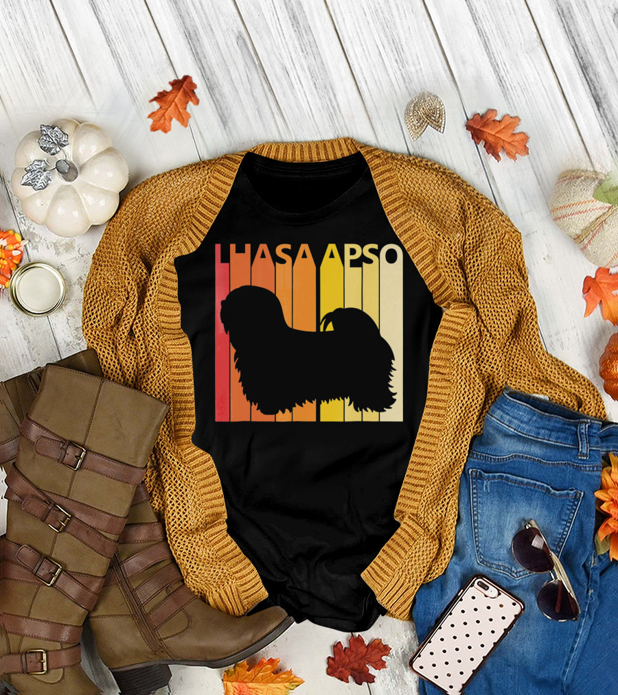Vintage Lhasa Apso Retro Silhouette Sunset Stripes T-Shirt