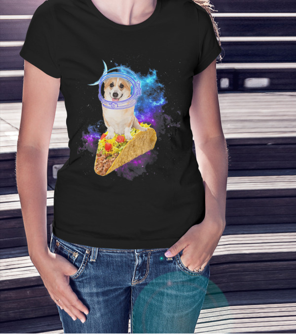 Space Corgi Astronaut Riding A Taco In Cosmic Galaxy Adventure T-Shirt