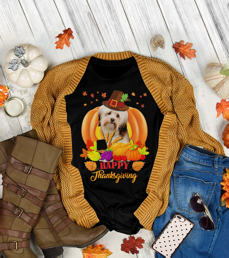 Happy Thanksgiving Havanese Dog in Pilgrim Hat with Autumn Harvest T-Shirt