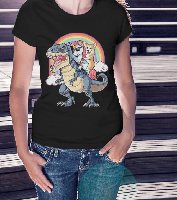 Welsh Corgi And Unicorn Ride Rex Like On Rainbow With Clouds T-Shirt