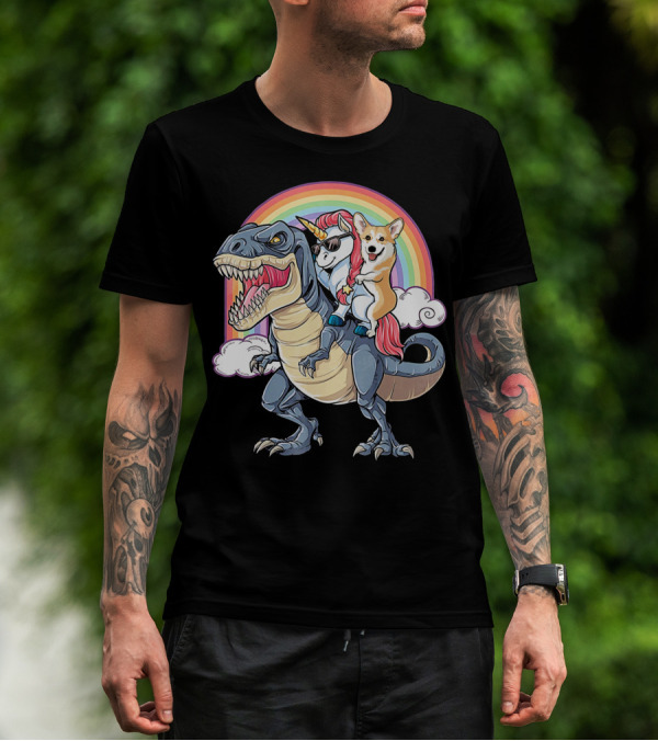 Welsh Corgi And Unicorn Ride Rex Like On Rainbow With Clouds T-Shirt