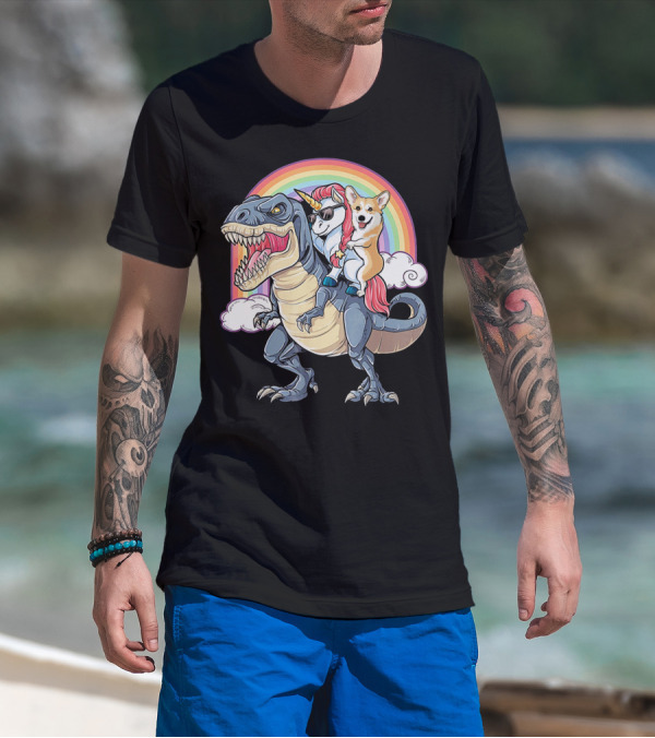 Welsh Corgi And Unicorn Ride Rex Like On Rainbow With Clouds T-Shirt