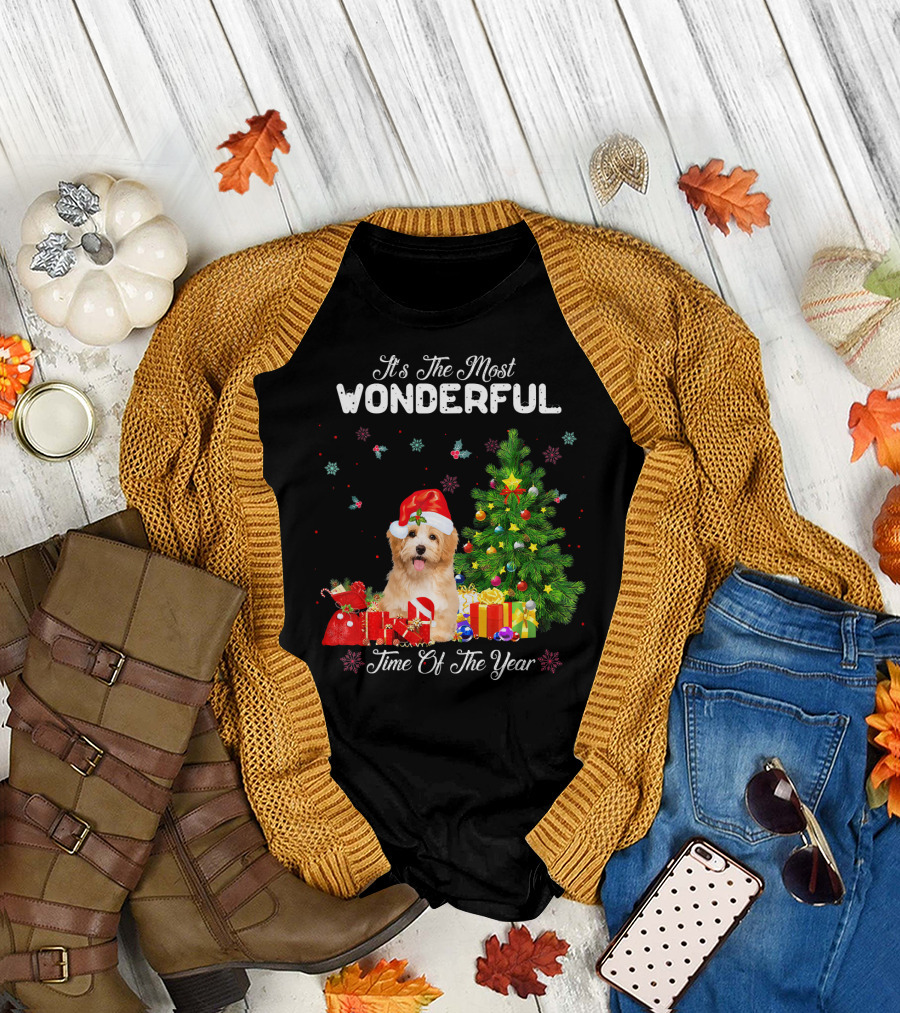 It's The Most Wonderful Time Of The Year Havanese Christmas Tree Santa Hat T-Shirt