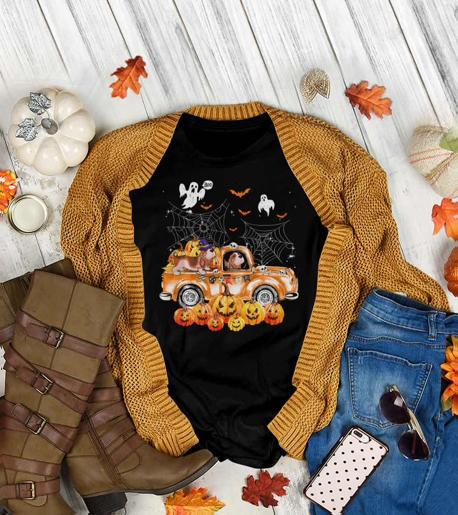 Basset Hound Dog on Pumpkin Truck with Ghosts and Spider Webs in Autumn T-Shirt