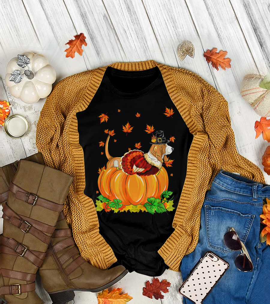 Thanksgiving Basset Hound with Turkey Costume and Pilgrim Hat in Autumn Pumpkin Scene T-Shirt