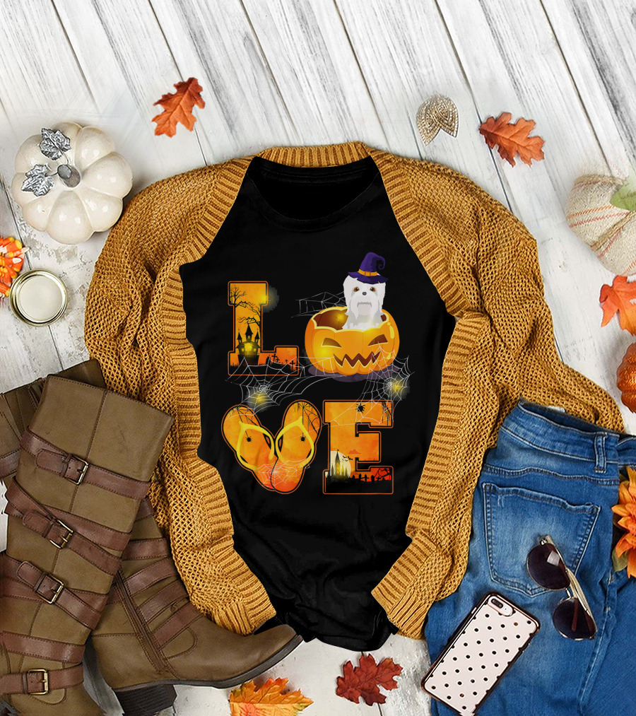 Love Havanese in Halloween Pumpkin with Witch Hat and Webs T-Shirt