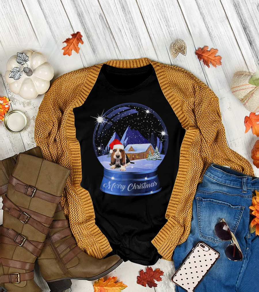 Merry Christmas Basset Hound Dog Lover Inside Crystal Snow Globe T-Shirt