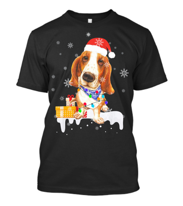 Santa Basset Hound Festive Christmas Lights And Gifts Snowflakes T-Shirt