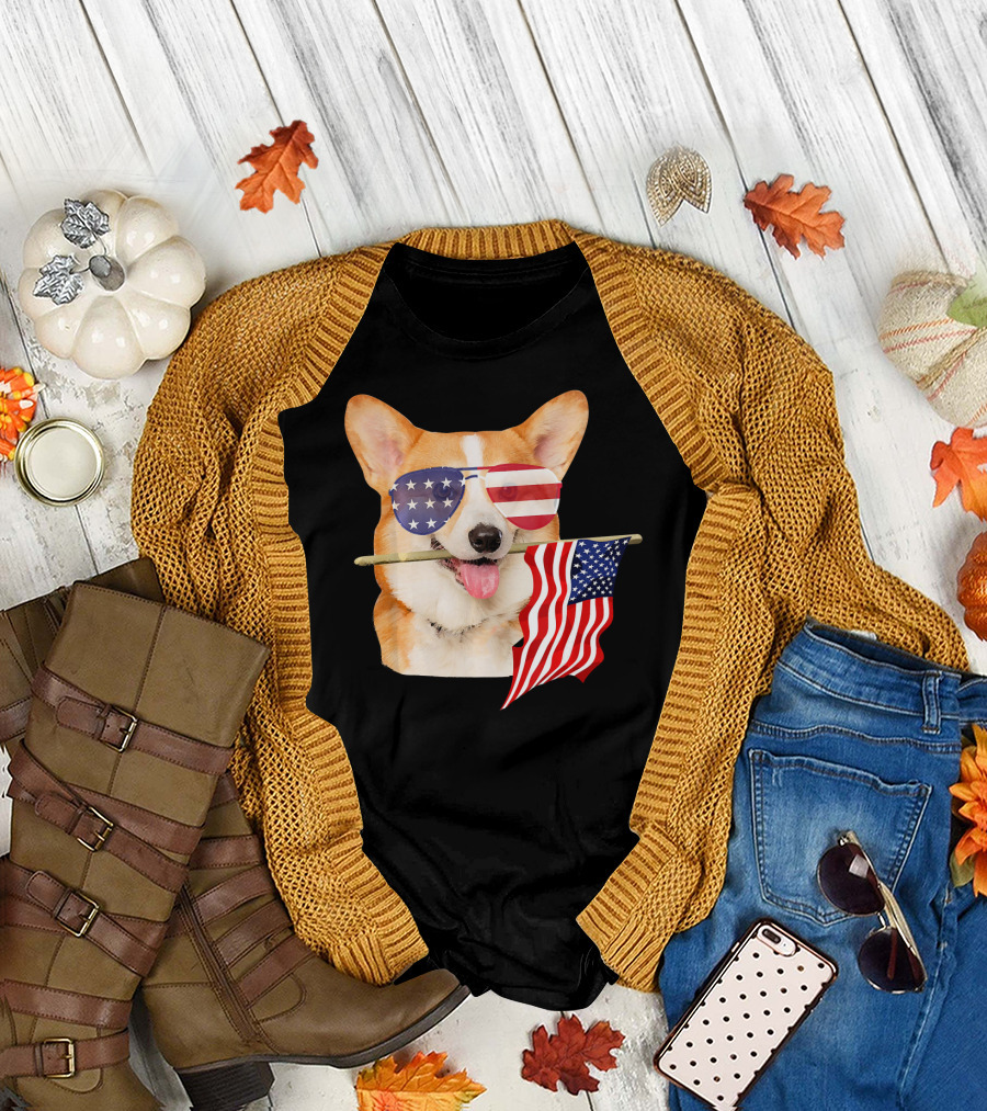American Flag Sunglasses Corgi Holding Fourth of July Flag T-Shirt