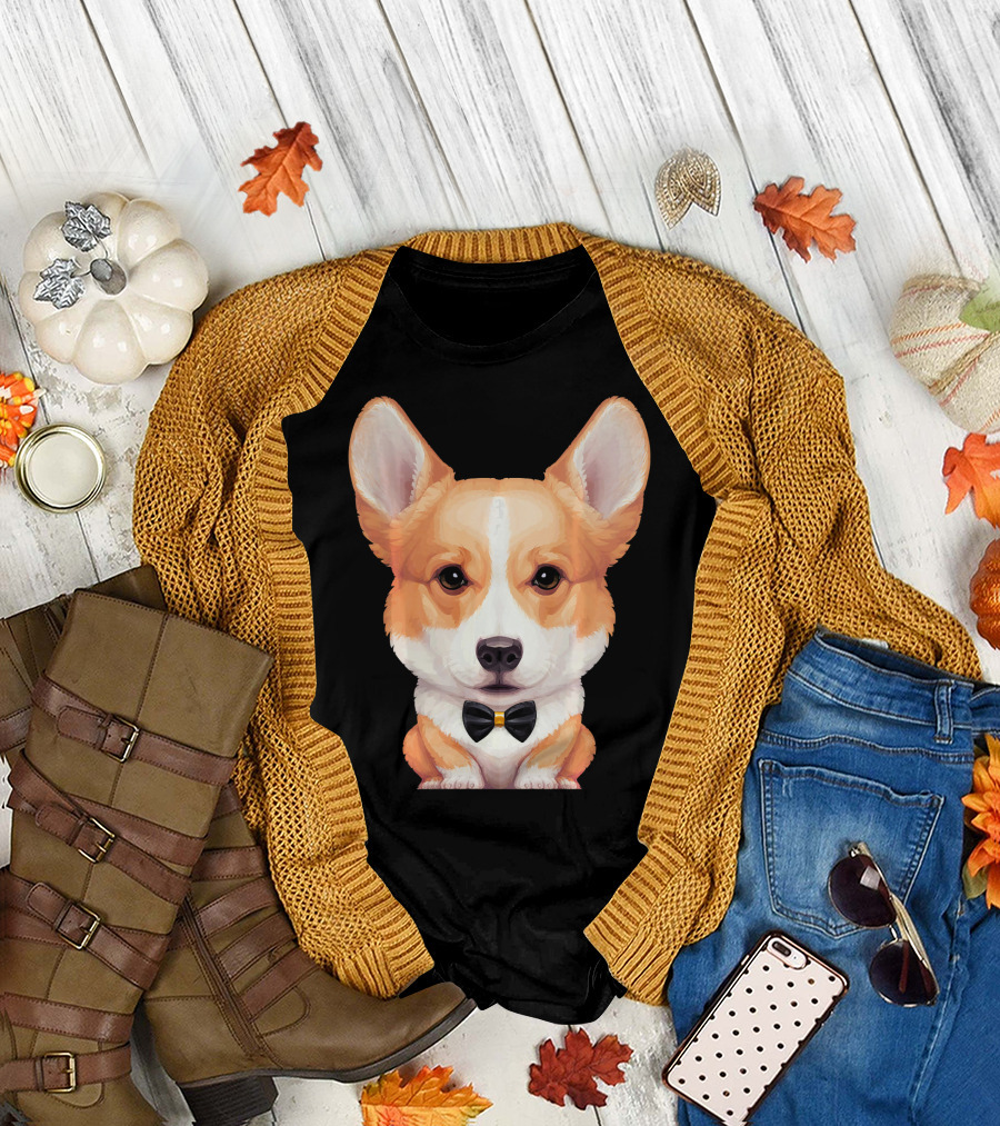 Welsh Corgi With Black Bow Tie Front View T-Shirt