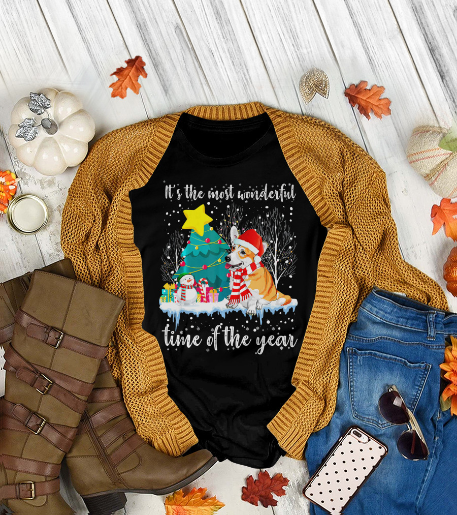Welsh Corgi It's the Most Wonderful Time of the Year Christmas Scene T-Shirt