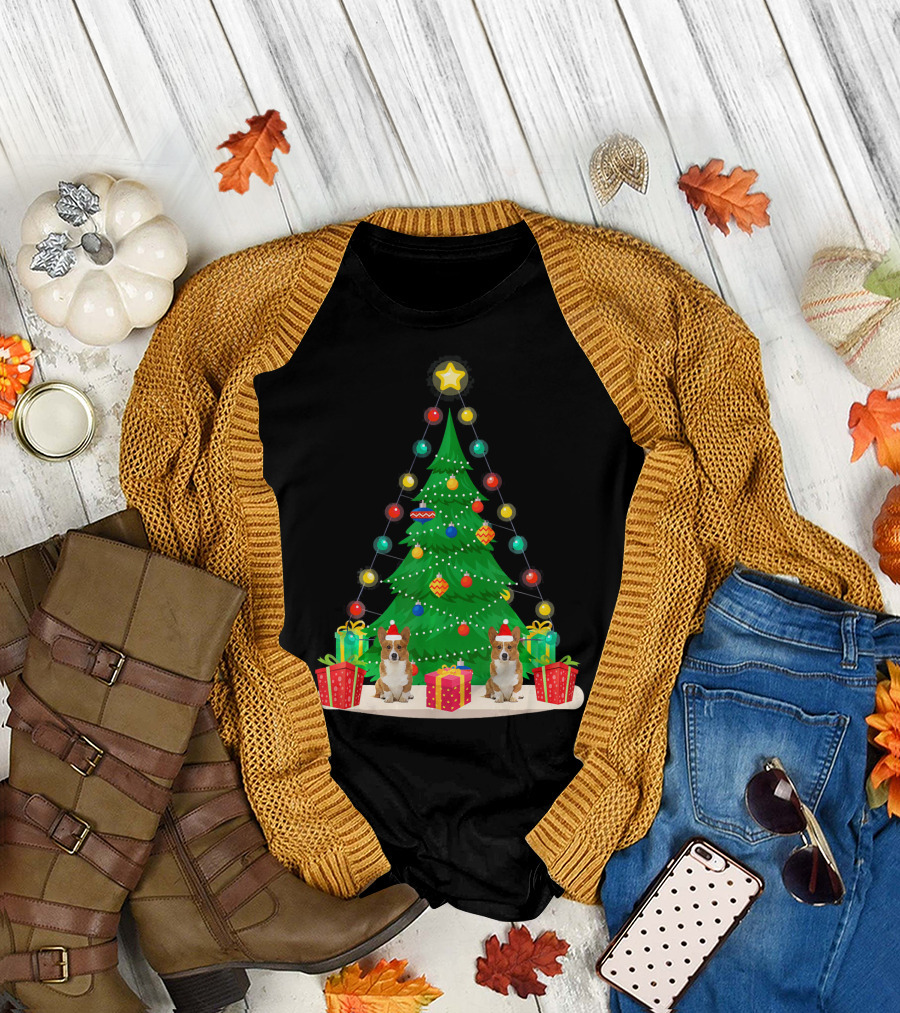 Santa Welsh Corgi Dog Under Christmas Tree with Presents and Lights T-Shirt