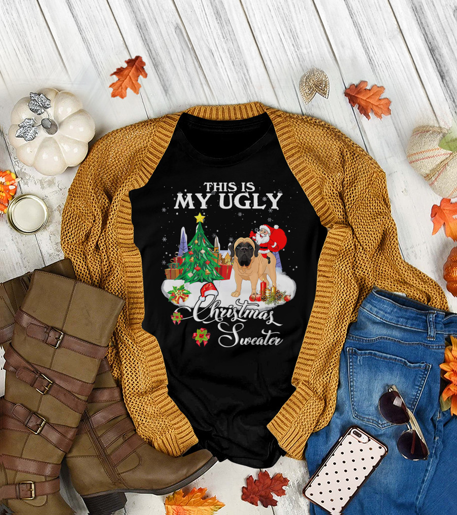 My Ugly Christmas Sweater Santa Riding English Mastiff Dog T-Shirt