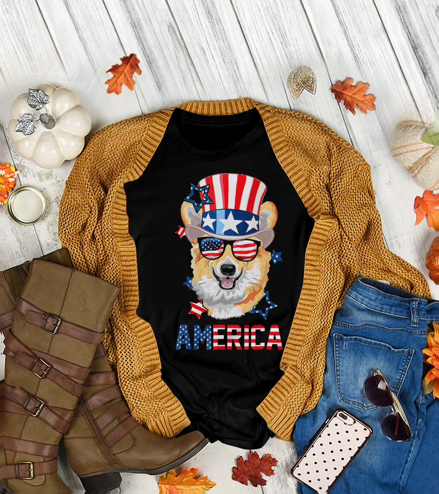 Patriotic America Corgi with Stars and Stripes Hat and Sunglasses T-Shirt