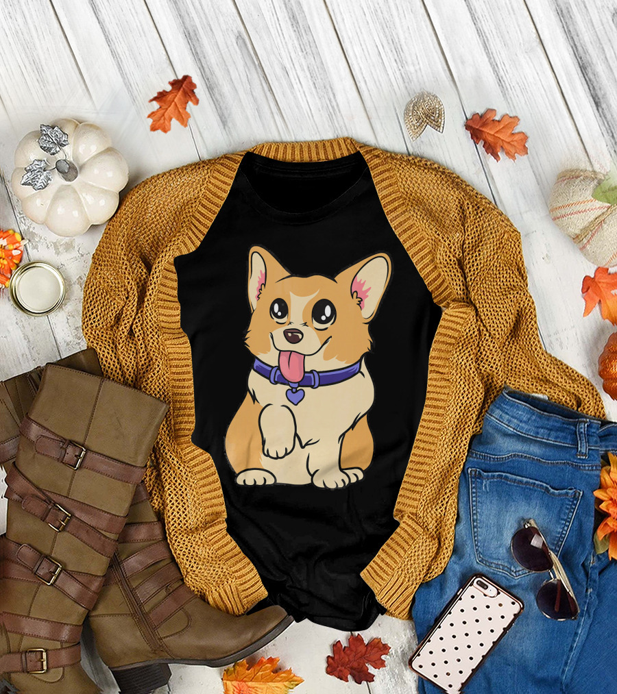 Cute Kawaii Corgi with Heart Collar Tongue Out T-Shirt