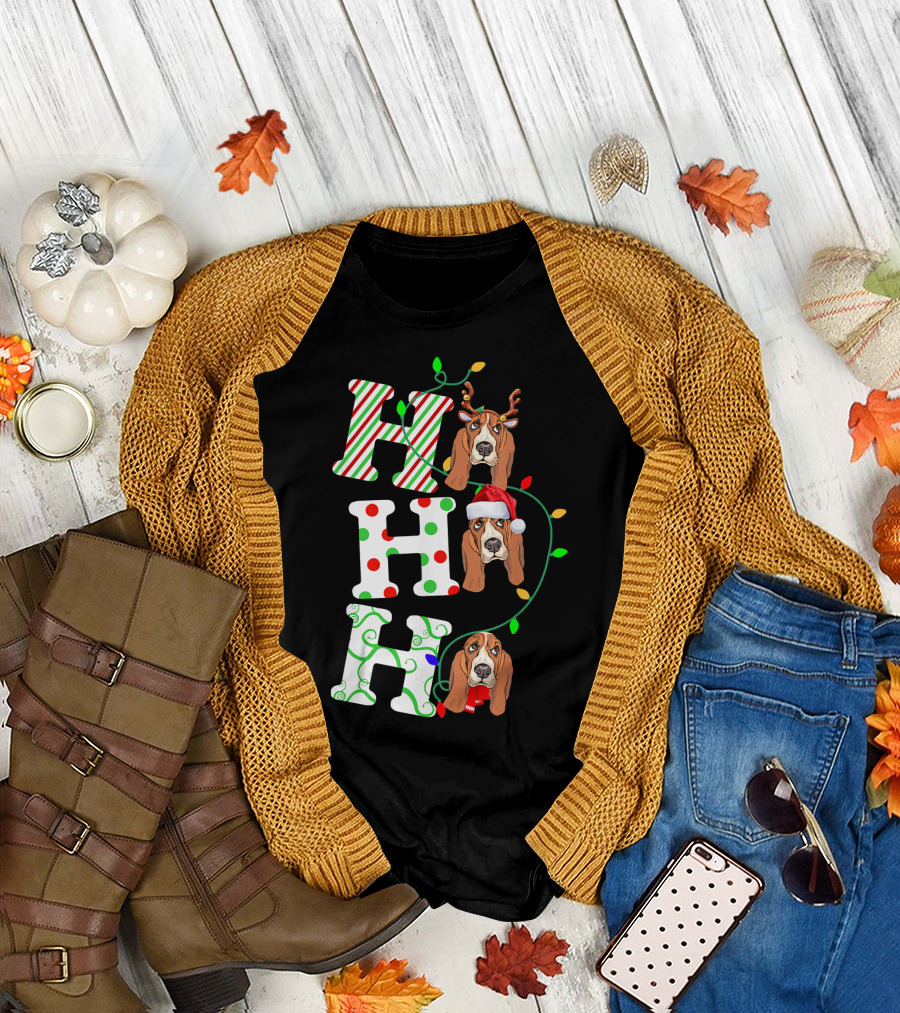Basset Hound Ho Ho Ho Reindeer and Santa Hat Christmas Lights T-Shirt