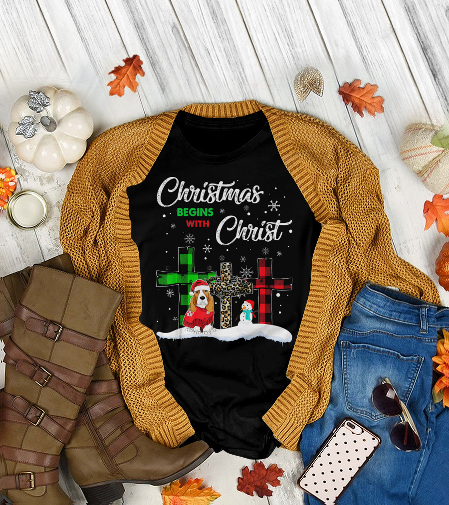 Christmas Begins with Christ Basset Hound Snowman and Crosses T-Shirt