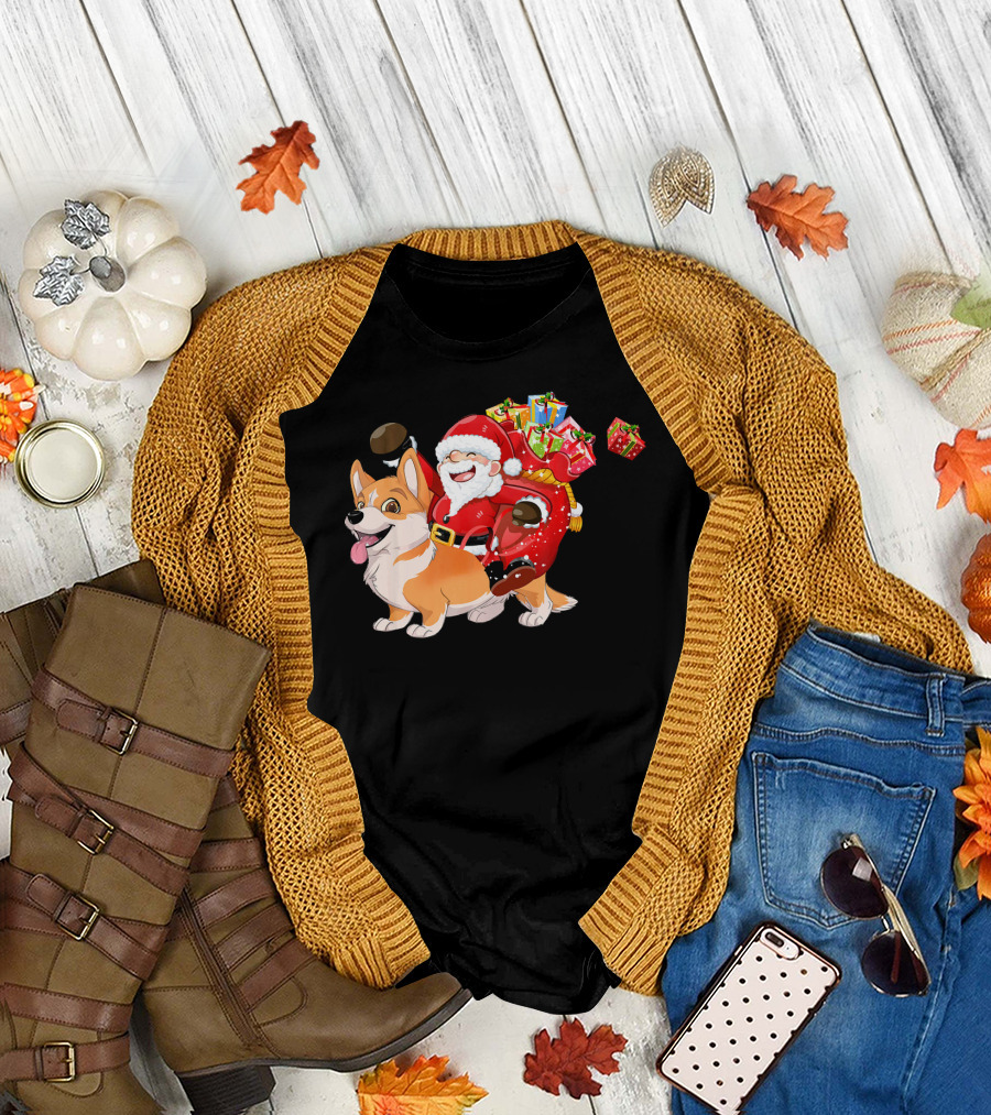 Santa Riding Welsh Corgi Christmas Pajama Fun Holiday Presents T-Shirt
