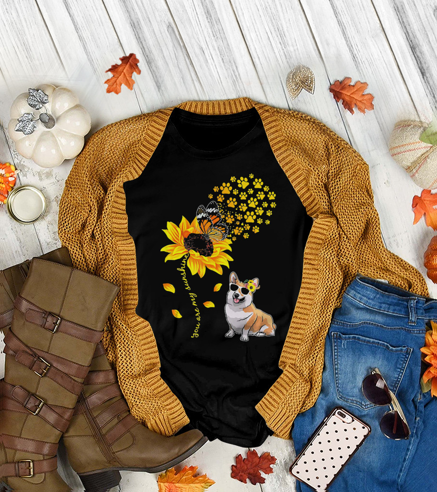You Are My Sunshine Sunflower Corgi Butterfly Paws T-Shirt