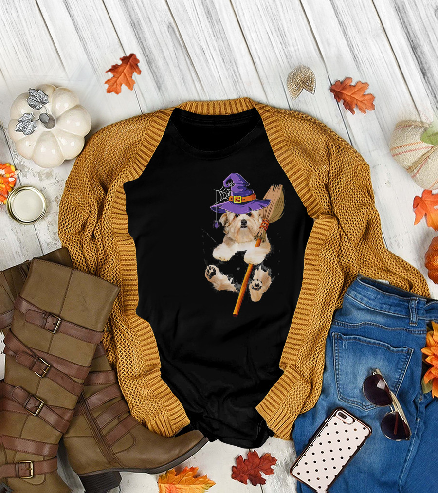 Havanese Dog Witch with Purple Hat and Broomstick T-Shirt