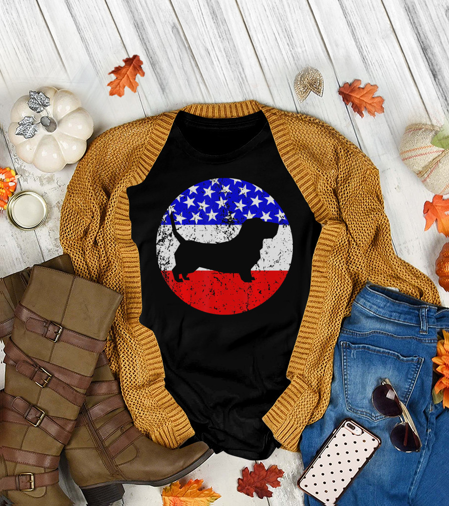 American Flag Basset Hound Silhouette Circle T-Shirt