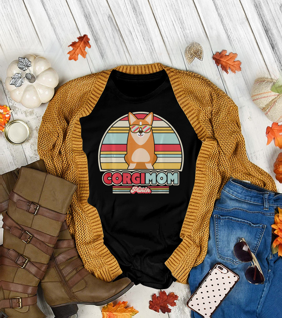 Corgi Mom Retro Style with Flavor Punch Cool Stripes T-Shirt