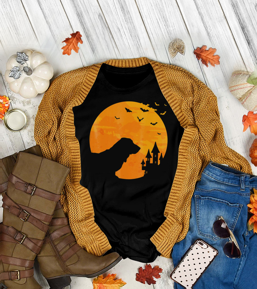 Basset Hound Halloween Moon and Haunted Castle with Bats T-Shirt