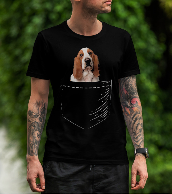 Cute Basset Hound In Pocket T-Shirt