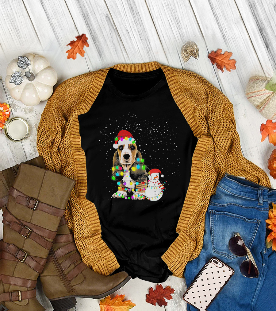 Basset Hound Christmas Lights Snowman Santa Hat T-Shirt