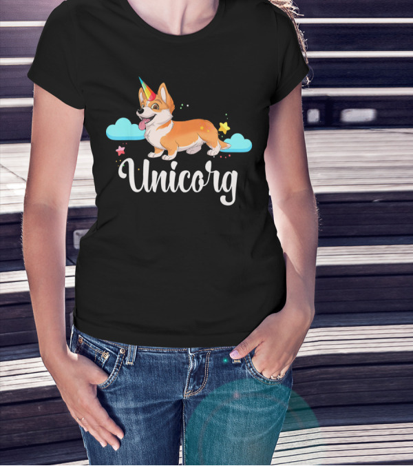 Unicorg Unicorn Corgi With Colorful Horn And Stars In Clouds T-Shirt