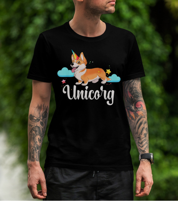 Unicorg Unicorn Corgi With Colorful Horn And Stars In Clouds T-Shirt