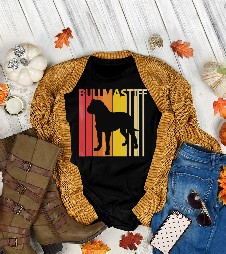 Retro Bullmastiff Dog Silhouette with Color Stripes T-Shirt