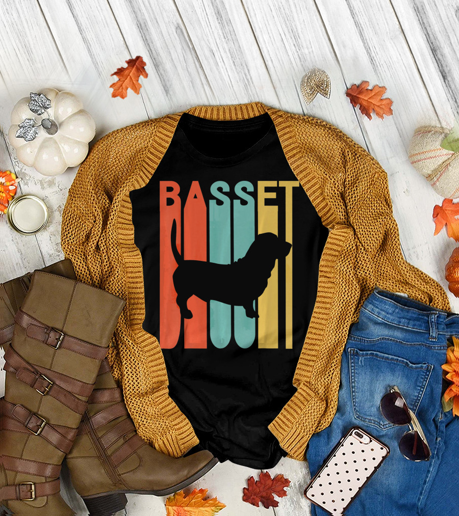 Basset Hound Silhouette Retro Stripe T-Shirt