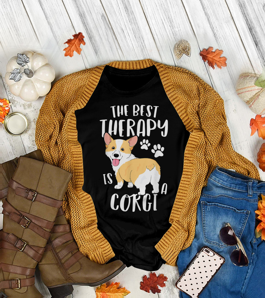 The Best Therapy Is A Corgi With Paw Prints and Cute T-Shirt