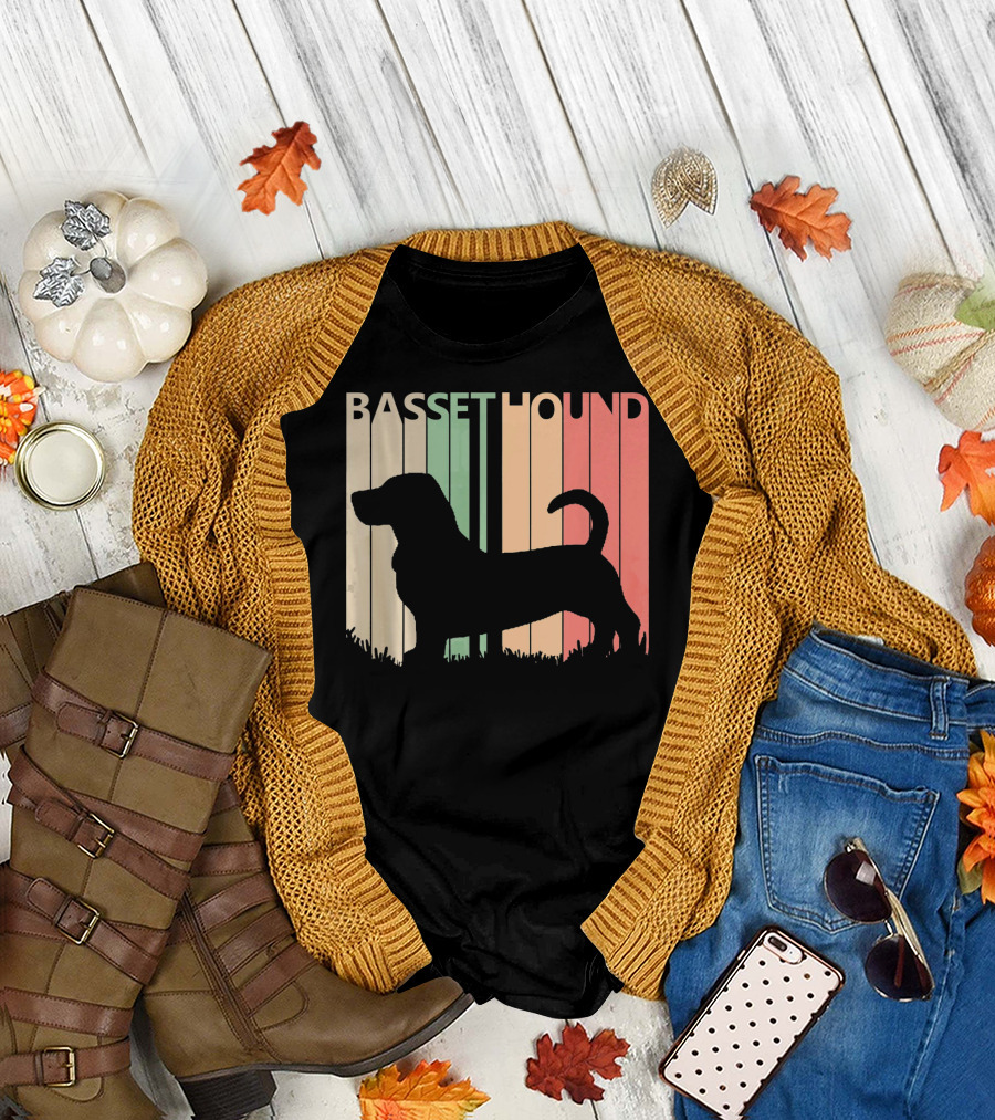 Basset Hound Silhouette Retro Stripes Valentines Day T-Shirt