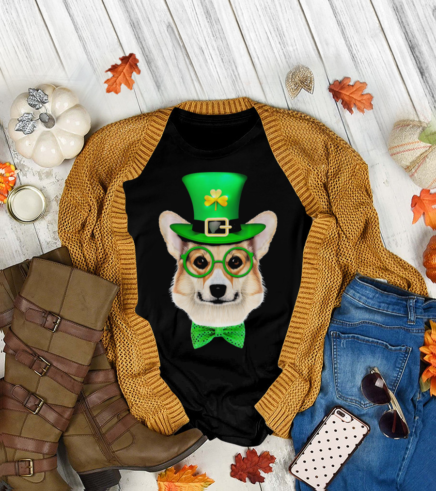Corgi Dog Wearing Leprechaun Hat and Green Bow Tie T-Shirt