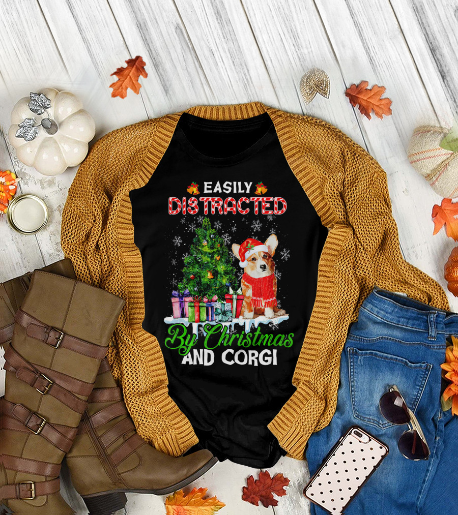 Easily Distracted By Christmas And Corgi Snowflakes Tree Presents T-Shirt