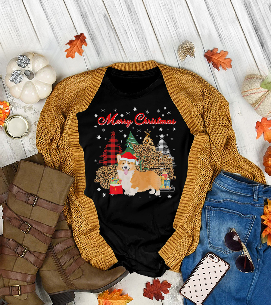 Merry Christmas Corgi Leopard Plaid Truck with Presents and Trees T-Shirt
